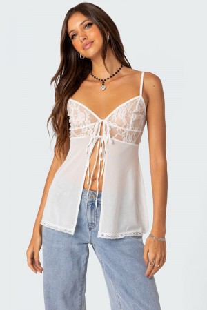 Edikted Mimosa Sheer Lace Long Tank Top Red | USA GO252375E9