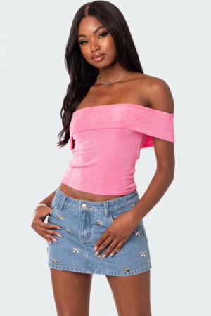Edikted Mindi Fold Over Crop Tops Pink | USA FR445754D1