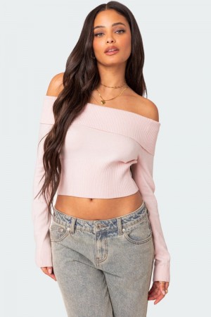 Edikted Minnie Cropped Fold Over Knitted Tops Light Pink | USA OA419501T7