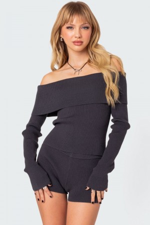 Edikted Miriam Fold Over Knitted Tops Dark Gray | USA YJ115151N6
