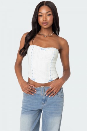 Edikted Mist Lacey Ribbon Corset Strapless Tops White | USA ZT752415W8