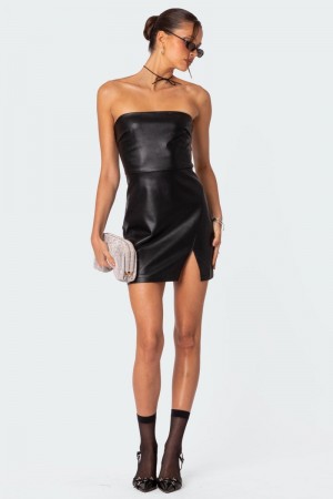 Edikted Moon Sign Faux Leather Mini Dress Black | USA WZ189008G7