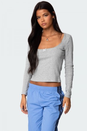 Edikted Mora Lace Trim Ribbed T Shirt Long Sleeve Tops Gray Melange | USA WW715071W1