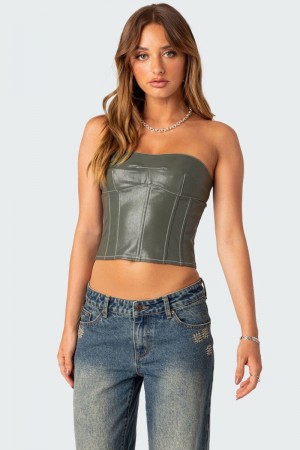 Edikted Moss Faux Leather Lace Up Corset Black | USA UC225472I6