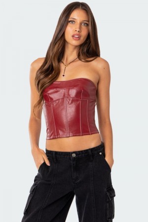 Edikted Moss Faux Leather Lace Up Corset Strapless Tops Black | USA QZ121422D1