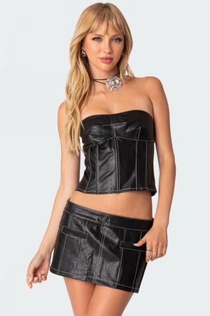 Edikted Moss Faux Leather Lace Up Corset Strapless Tops Black | USA MW868226F2