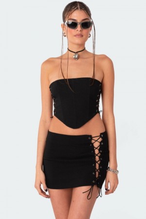 Edikted Murphy Side Lace-Up Corset Crop Tops Black | USA TA460826P0