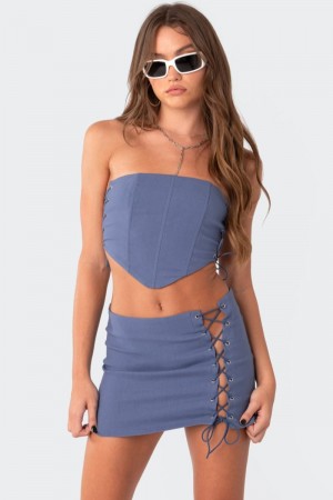 Edikted Murphy Side Lace-Up Corset Strapless Tops Black | USA YK296549A8