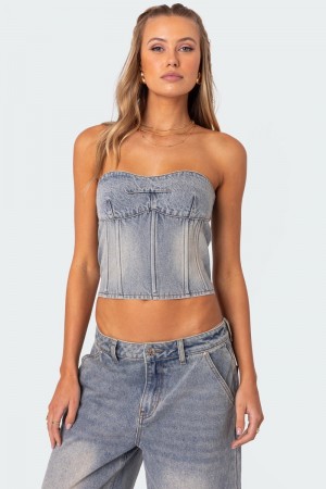 Edikted Myla Washed Denim Corset Strapless Tops Blue | USA NF644344B1