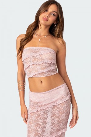 Edikted Myra Sheer Lace Ruffle Tube Strapless Tops Light Pink | USA KE508210K9