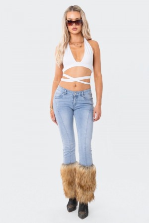 Edikted Nahla Low-Rise Faux Fur Jeans Light Blue | USA DX083098W6