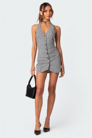 Edikted Narissa Gingham Open Back Mini Dress LBD Black And White | USA XO913451T4
