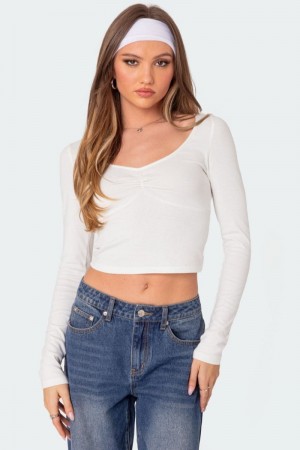 Edikted Nat Ruched V Neck Long Sleeve Tops Black | USA BS429872Y5