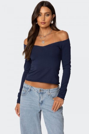 Edikted Nattie Off Shoulder V Neck Long Sleeve Tops Burgundy | USA MV868666Q1