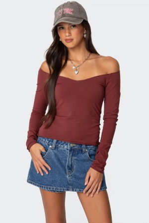 Edikted Nattie Off Shoulder V Neck Long Sleeve Tops Burgundy | USA AN131483D0