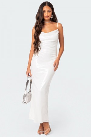 Edikted Nellie Sequin Open Back Maxi Dress Maxi Dress White | USA PS567816Q0