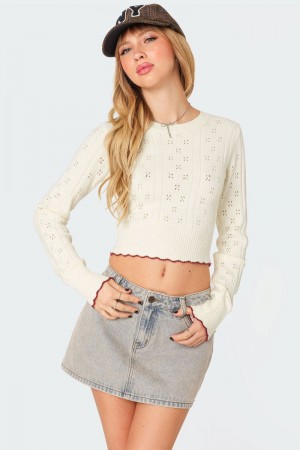 Edikted Nelly Embroidered Knit Crop Tops Cream | USA WI473987F1