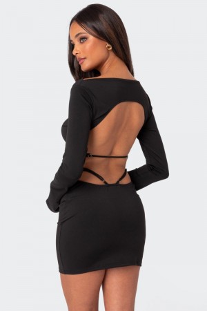 Edikted Nessa Strappy Back Mini Long Sleeve Dress Black | USA GF276317X9