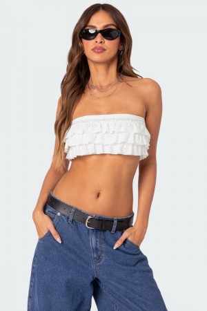 Edikted Nia Ruffled Eyelet Bandeau Strapless Tops White | USA OW408050X6