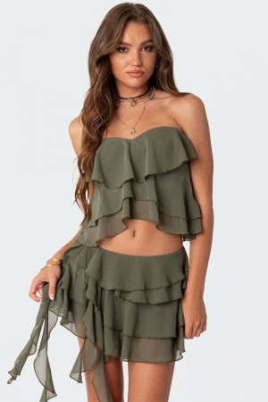 Edikted Nico Ruffled Strapless Strapless Tops Olive | USA BL458855D6