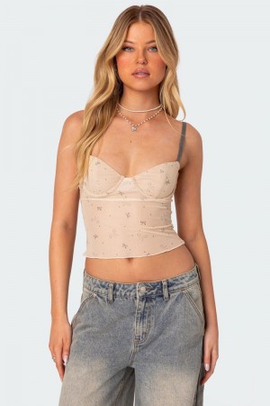 Edikted Nicola Sheer Mesh Printed Bra Tank Top Beige | USA PW793179V6