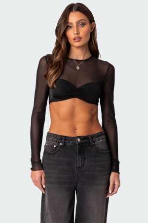 Edikted Night Out Sheer Crop Tops Black | USA RF463276G3