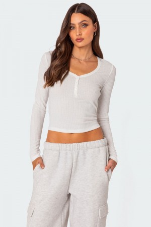 Edikted Noah Pointelle Long Sleeve Tops White | USA UE971387B4