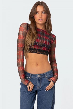 Edikted Noel Plaid Printed Mesh Crop Tops Mix | USA VO707030W8