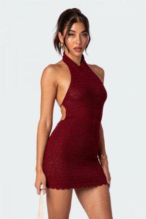 Edikted Novalie Crochet Open Back Mini Dress Burgundy | USA IH077857K1
