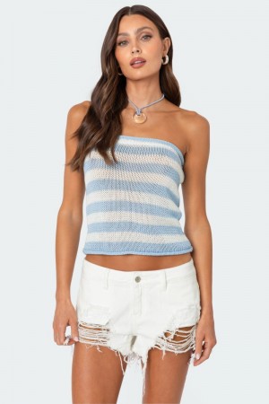 Edikted Nox Striped Knit Tube Strapless Tops Blue And White | USA EM891289D1