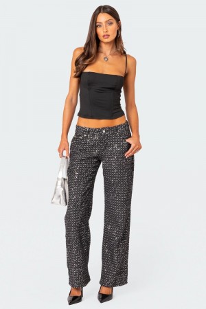Edikted Nyah Sequin Loose Fit Jeans Black | USA VI313011H8