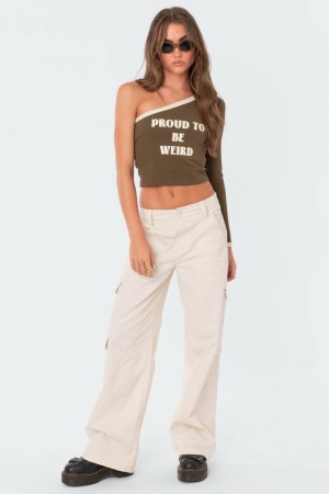Edikted Nyra One Shoulder Graphic Tops Beige | USA JM265216S0