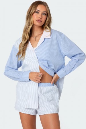 Edikted Oaklie Mix Striped Button Up Shirt Long Sleeve Tops Blue | USA TZ661286I7