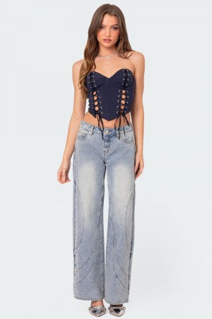 Edikted Oaklynn Stitch Detail Low Rise Jeans Light Blue | USA AE018541Z6