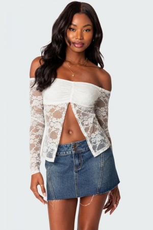 Edikted Odessa Split Front Sheer Lace Long Sleeve Tops White | USA PW946124R3