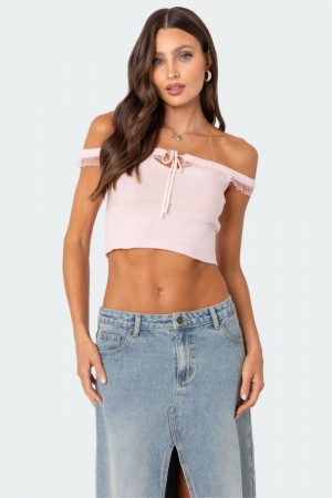 Edikted Off Shoulder Trimmed Knit Crop Tops Light Pink | USA RQ400040B6