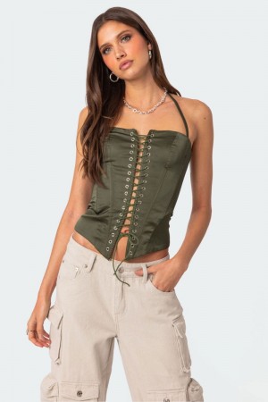 Edikted Ola Satin Lace Up Corset Olive | USA JL561676E9
