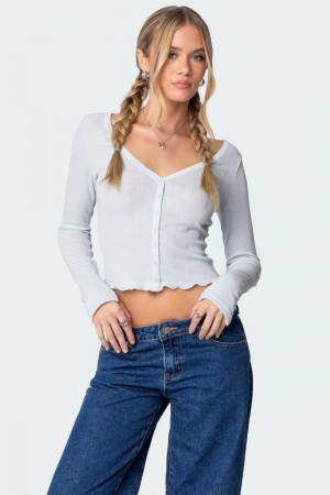 Edikted Ollie Button Front Pointelle Long Sleeve Tops Light Blue | USA GH310811Z1