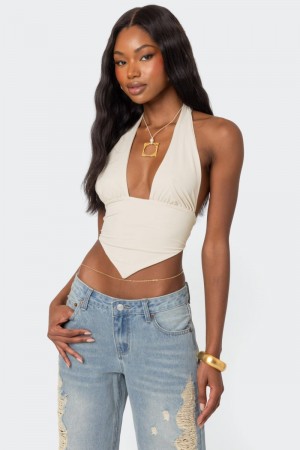 Edikted Open Back Triangle Halter Crop Tops Black | USA AI416991D8