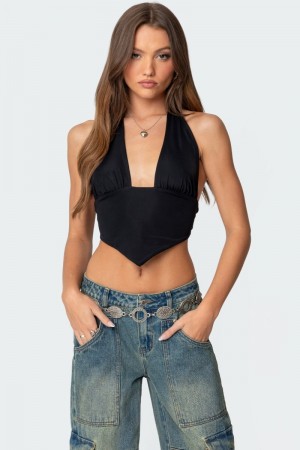 Edikted Open Back Triangle Halter Crop Tops Black | USA HF583088P6