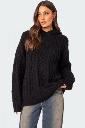 Edikted Oversized Cable Knit Hoodie Sweater Black | USA CH982298G3
