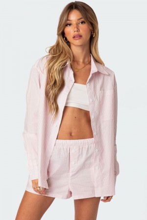 Edikted Oversized Pinstripe Button Up Shirt Long Sleeve Tops Blue | USA PK035513D0