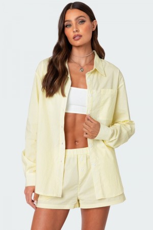 Edikted Oversized Pinstripe Button Up Shirt Long Sleeve Tops Blue | USA TD571767W6