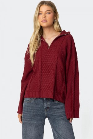 Edikted Oversized Quarter Zip Cable Knit Sweater Burgundy | USA KY986788F2