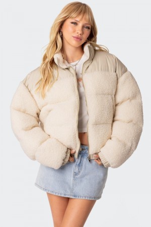 Edikted Oversized Sherpa Puffer Jackets Cream | USA HN581328R6
