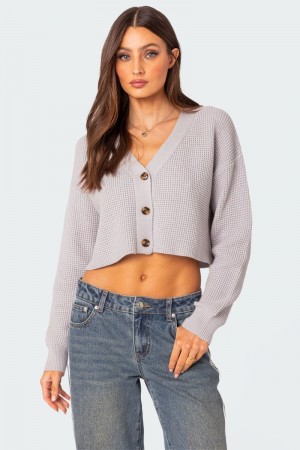 Edikted Oversized Waffle Knit Cropped Cardigan Long Sleeve Tops Dark Gray | USA NN077127X8
