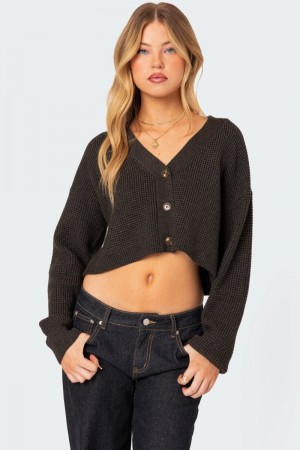 Edikted Oversized Waffle Knit Cropped Cardigan Crop Tops Dark Gray | USA KR825392G0