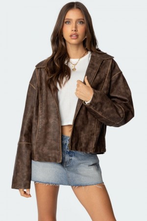 Edikted Oversized Washed Faux Leather Jackets Brown Washed | USA BL352435F5