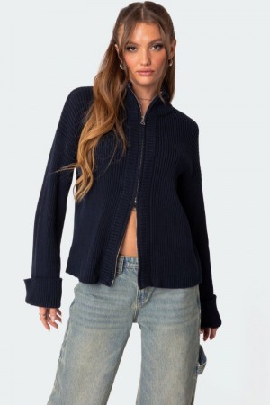 Edikted Oversized Zip Up Turtle Neck Cardigan Long Sleeve Tops Navy | USA RX001430B7