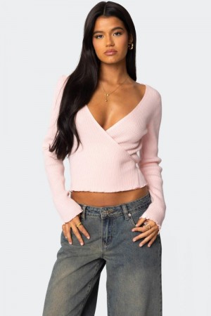 Edikted Paden Ribbed Wrap Knitted Tops Light Pink | USA QR997439J2